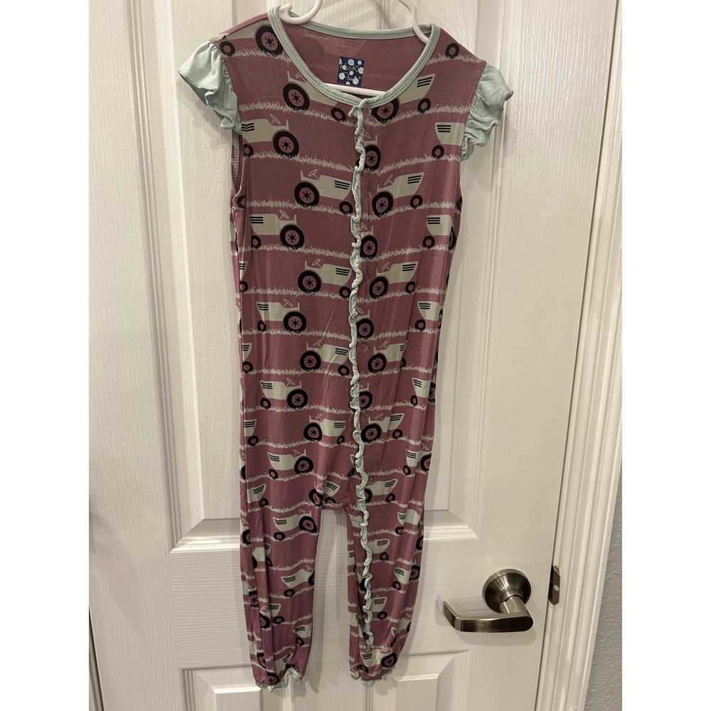 KicKee Pants Romper Pink Tractor Ruffle Bamboo Viscose‎ Pajamas 4T bin B